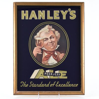 Sale Photo Thumbnail #552: Hanleys Ale 1930s Reverse-Painted Glass Composite Sign CONNOISSEUR EXCEPTIONAL