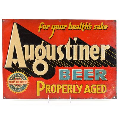 Sale Photo Thumbnail #536: Augustiner Beer 1930s Embossed Pressed Tin Sign HEALTHS SAKE