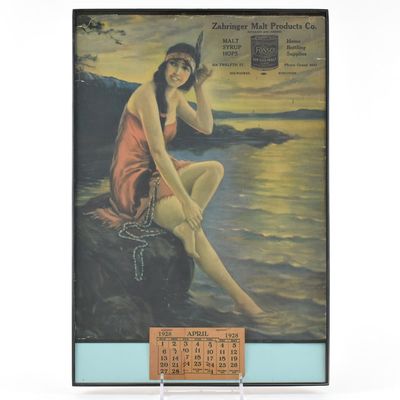 Sale Photo Thumbnail #586: Zahringer Malt Products Lithograph With 1928 Calendar NATIVE AMERICAN MAIDEN