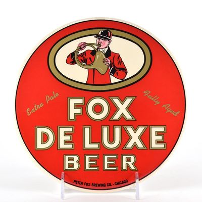 Sale Photo Thumbnail #544: Fox De Luxe Beer 1950s Tin-Over-Cardboard Button Sign MINTY