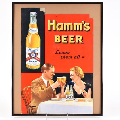 Sale Photo Thumbnail #551: Hamms Beer LEADS THEM ALL 1930s Cardboard Sign