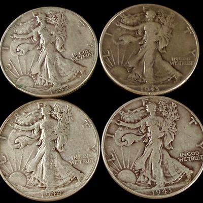 Four US Walking Liberty 90% Silver Half Dollars, 1942-1945