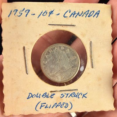 1959 CA Silver 10 Cents Flipped-Over Double Strike Mint Error