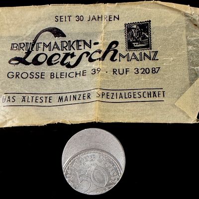 Two Items: Germany Weimar Republic 50 Pfennig Off-Center Strike Error Coin and Mainz Ephemera
