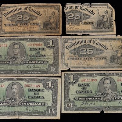 A Collection of Canadian Banknotes Including 1900 25-Cent Fractional Notes and 1937 One Dollar Bills