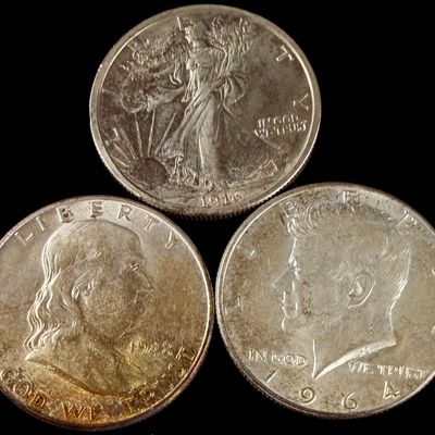 Three US 90% Silver Half Dollars, 1916, 1948, and 1964