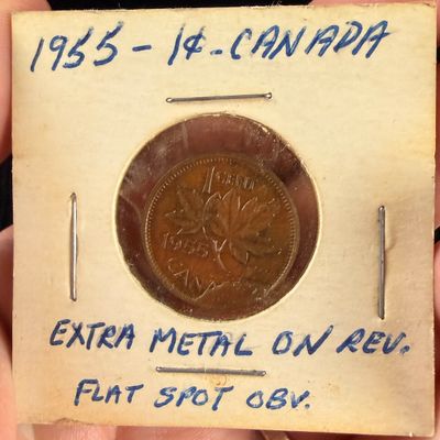 CA 1955 1-Cent Bronze Coin with Reverse Die Break Cud