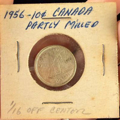1956 Canada 80 Percent Silver 10 Cents Off-Center Strike Error