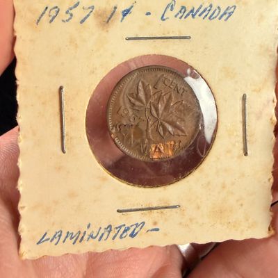1957 Canada 1 Cent Bronze Coin with Reverse Lamination Error
