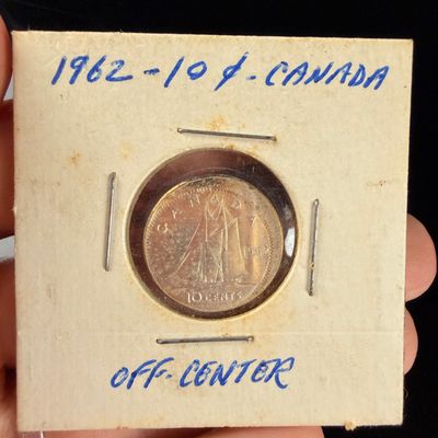 1962 Canada 10 Cents, 80% Silver, Off-Center Strike Error