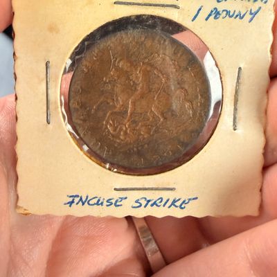 1854 CA Bank of Upper Canada One Penny Copper Token with Full Obverse Brockage Error
