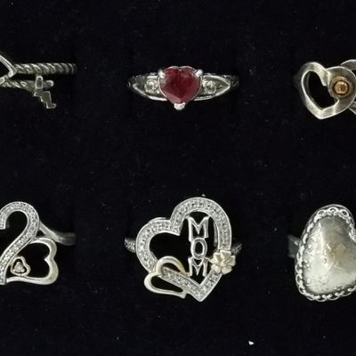 6 Sterling Silver Heart Rings, Fashion Jewelry