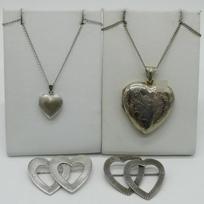 Sterling Silver Heart Lockets & Brooches, 4 Pieces