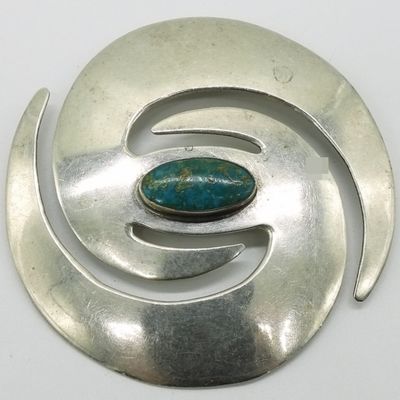 Sterling Silver Turquoise Brooch, Modernist Spiral