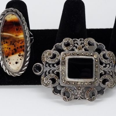 Sterling Agate Ring & Marcasite Brooch