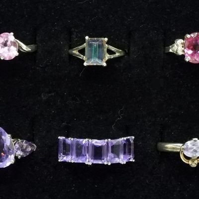Six Sterling Gemstone Rings