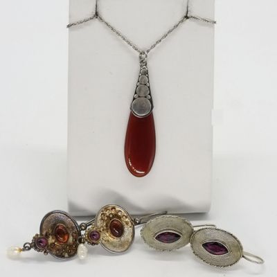 Carnelian Necklace & Garnet Earrings - 925