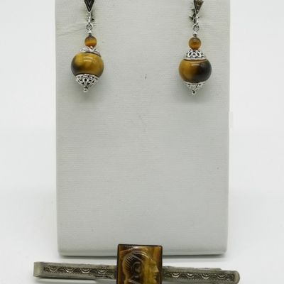Sterling Tiger's Eye Earrings & Tie Clip