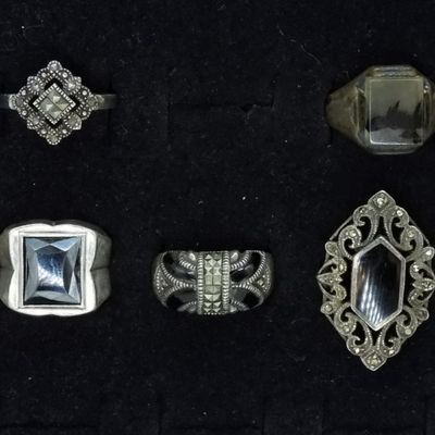 Five Sterling Marcasite Onyx Rings
