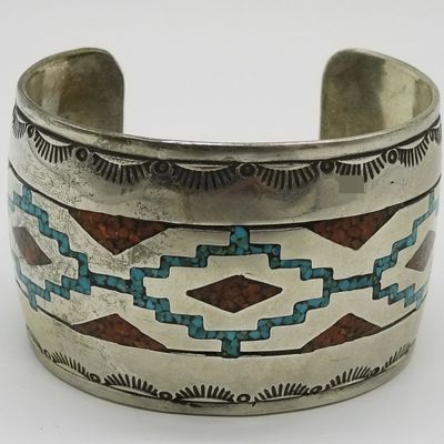 Vintage Turquoise Inlay 925 Cuff Bracelet