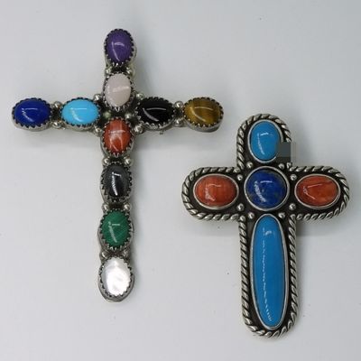 Sterling Silver Gemstone Cross Brooches, Lot of 2