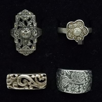 4 Sterling  Floral Marcasite Rings