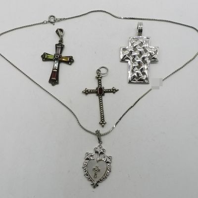 Four Sterling Cross Pendants & One Chain