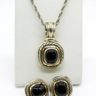 David Yurman 925 Black Onyx Pendant & Earrings