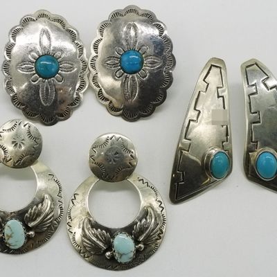 3 Pair Sterling, Turquoise Earrings