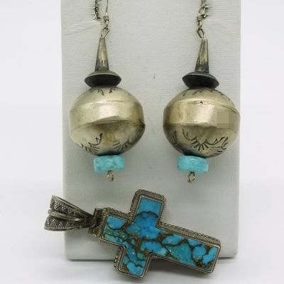 Sterling Turquoise Cross Pendant & Earrings
