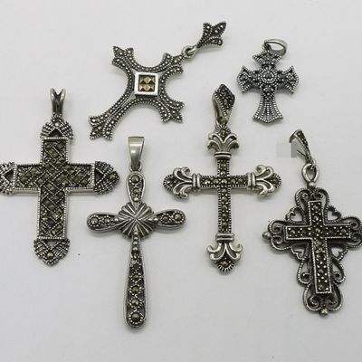 6 Sterling Marcasite Cross Pendants