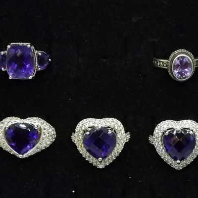 Five Sterling Amethyst Rings