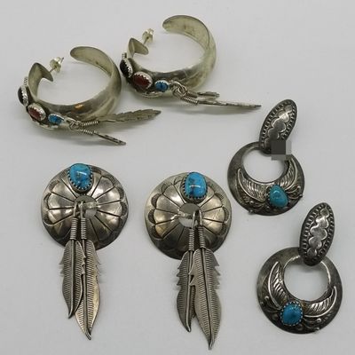 3 Pair Navajo Sterling Turquoise Pierced Earrings