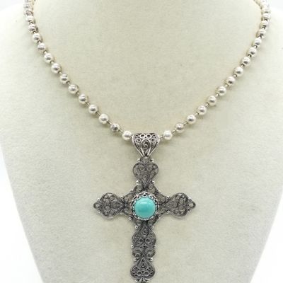 Sterling Turquoise Cross Pendant & Milor Chain
