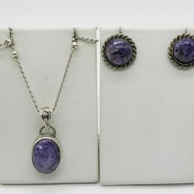 Sterling Charoite Necklace and Earrings Set