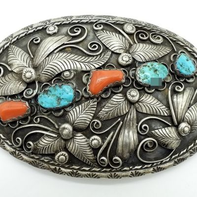 Large Sterling Belt Buckle, Turquoise & Coral