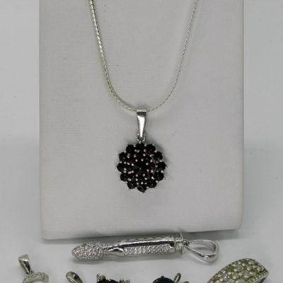 6 Sterling Gemstone Pendants and Chain
