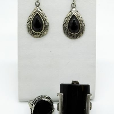 Sterling Silver Black Onyx Rings & Earring Set
