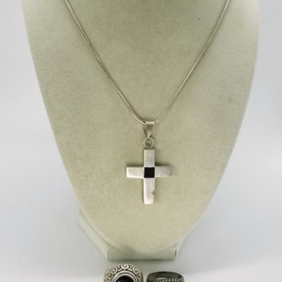 Sterling Mexico Onyx Cross Necklace & Rings