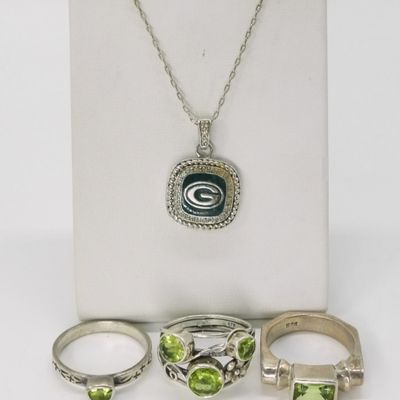 Green Bay Packers Necklace & Peridot Rings 925