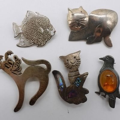 5 Sterling Animal Brooches - Amber, Abalone