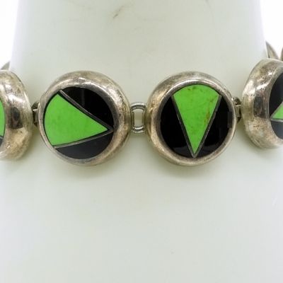 Sterling Silver Taxco Bracelet, Black Onyx Inlay