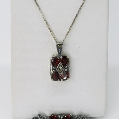Sterling Garnet Pendant Necklace and Brooch