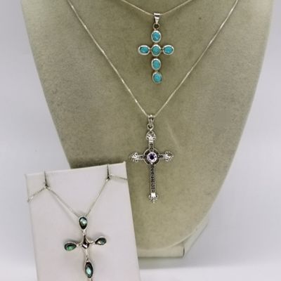 Four Sterling Cross Pendants & Chains