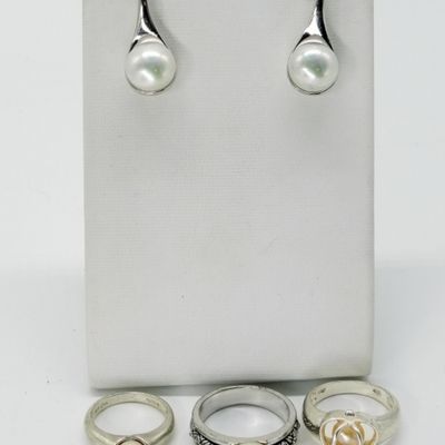 Sterling Silver Pearl Ring and Earring Set