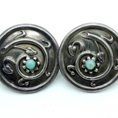 Taxco Sterling Silver Turquoise Cufflinks, Pair