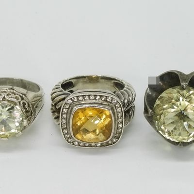 3 Sterling Rings with Yellow Gemstones