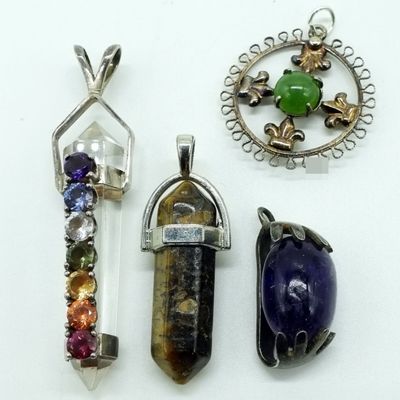 Gemstone Sterling Pendant Lot, Four Pieces