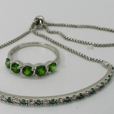 Sterling Silver Tsavorite & Simulated Diamond Set