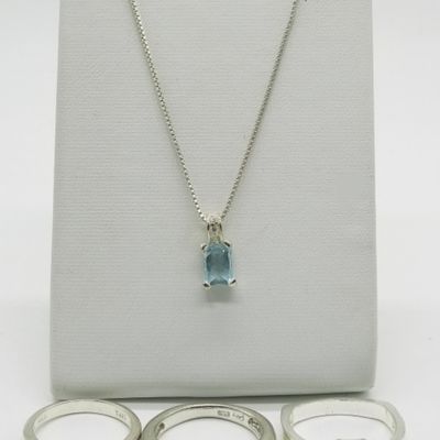 4 Piece Sterling, Blue Topaz Rings & Necklace